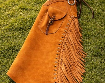 Brown Suede Leather Chaps Western Fringe Motorcycle Riding Cowboy Gear