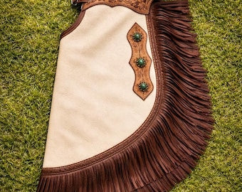 Western Tooled Leather Chaps Cream Brown Fringe Cowboy Riding Gear