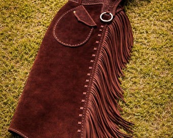 Brown Suede Leather Chaps Western Fringe Biker Riding Cowboy Unisex