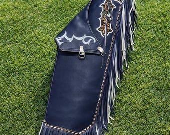 Men’s Navy Blue Leather Chaps Western Cowboy Rodeo Riding Gear Fringe HandTooling
