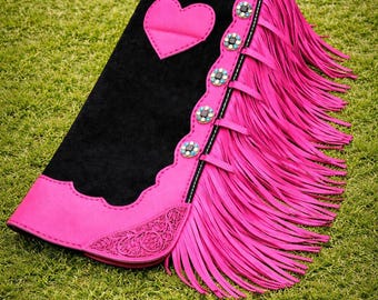 Women’s Pink Leather Chaps Western Fringe Cowboy Rodeo Motorcycle Riding