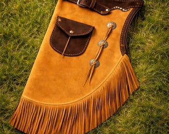 Brown handmade Suede Leather Chaps Western Cowboy Fringe Biker Riding Gear