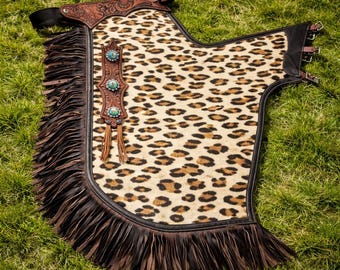 Western Leather Chaps Leopard Cowhide leather Tooling Fringe Cowboy Riding Gear