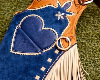 Handmade Blue Leather Chaps Fringe Cowboy Riding Rodeo Ranch Wear