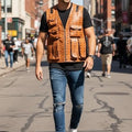 Men’s MCM Brown Leather Motorcycle Vest Biker Casual Riding Vest, Handmade