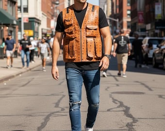 Men’s MCM Brown Leather Motorcycle Vest Biker Casual Riding Vest, Handmade