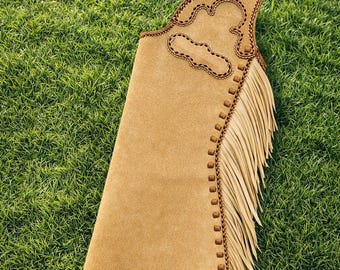 Western Suede Leather Chaps Tan Fringe Cowboy Riding Biker Gear handmade chap