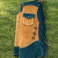 Western Suede Leather Chaps Tan Teal Fringe Cowboy Riding Biker Gear