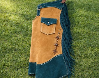 Western Suede Leather Chaps Tan Teal Fringe Cowboy Riding Biker Gear