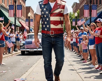Men's USA Flag Leather Biker Vest, American Motorcycle Rider Outfit
