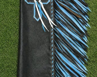 Mens Black Leather Western Biker Chaps Blue Fringe Motorcycle Riding Gear