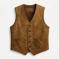 Men’s Vintage Distressed Brown Sheepskin Leather Vest – Genuine Cowboy Western Waistcoat