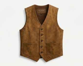 Men’s Vintage Distressed Brown Sheepskin Leather Vest – Genuine Cowboy Western Waistcoat