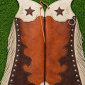 Western Leather Chaps Fringe Star Design Brown Tan Cowboy Riding Gear