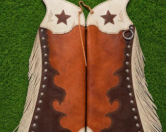 Western Leather Chaps Fringe Star Design Brown Tan Cowboy Riding Gear