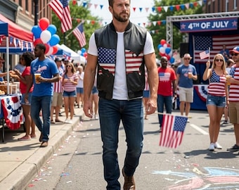 USA Flag Leather Biker Vest, 250th Anniversary Patriotic Motorcycle Jacket