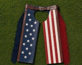 Unisex USA Flag Leather Chaps Fringe Western Biker Riding Chaps