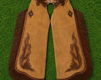 Mens Western Leather Chaps Brown Suede Fringe Cowboy Motorcycle Wear