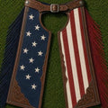 Mens American Flag Leather Tooled Chaps Western Fringe Motorcycle Riding Wear