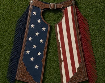 Mens American Flag Leather Tooled Chaps Western Fringe Motorcycle Riding Wear