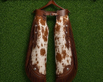 Western Cowhide Leather Chaps With Fringe Handmade Rodeo Biker Wear