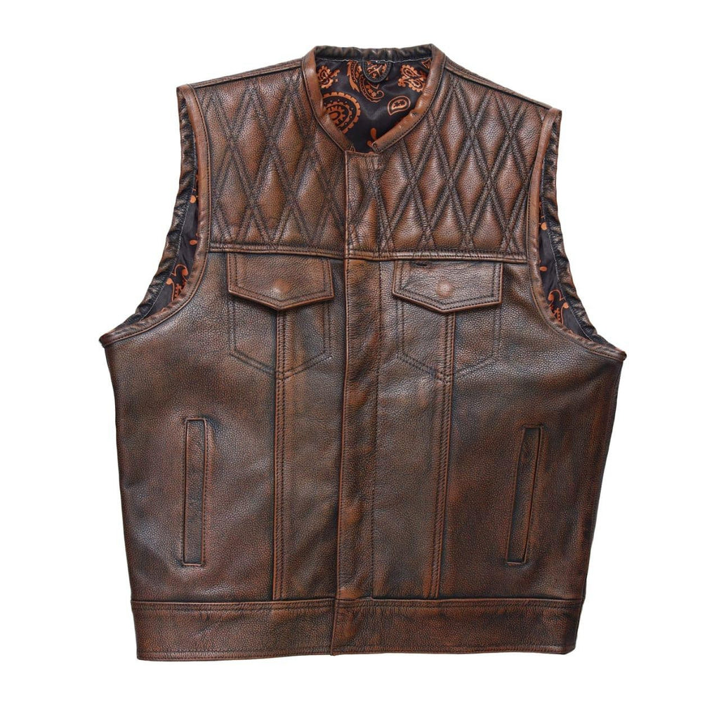 Mens leather vest with brown wax leather biker vest. Motorcycle leather vest Brown Quilted biker vest, Vintage leather premium class - LEATHER CHAPTER