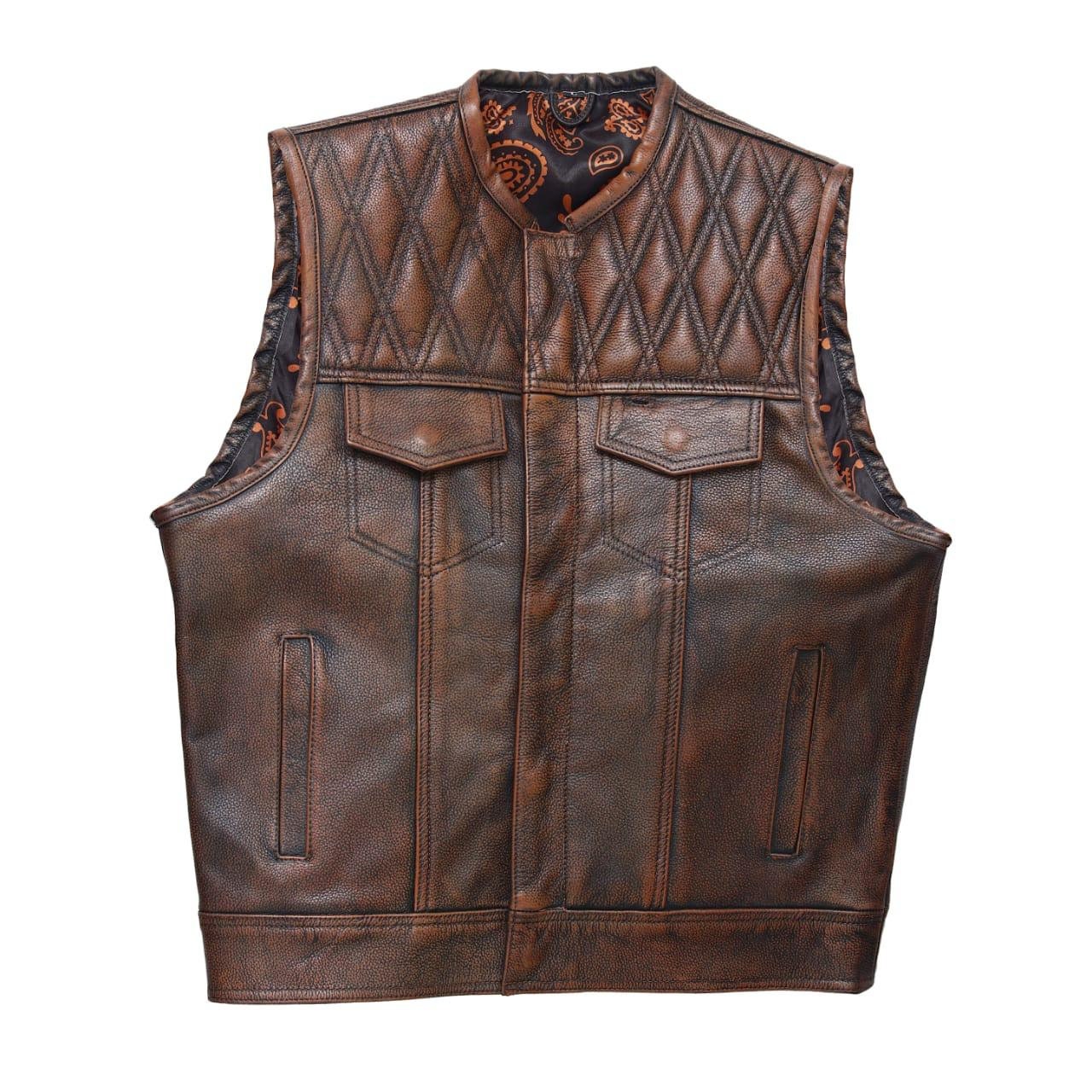 Mens leather vest with brown wax leather biker vest. Motorcycle leather vest Brown Quilted biker vest, Vintage leather premium class - LEATHER CHAPTER