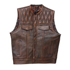 Mens leather vest with brown wax leather biker vest. Motorcycle leather vest Brown Quilted biker vest, Vintage leather premium class - LEATHER CHAPTER