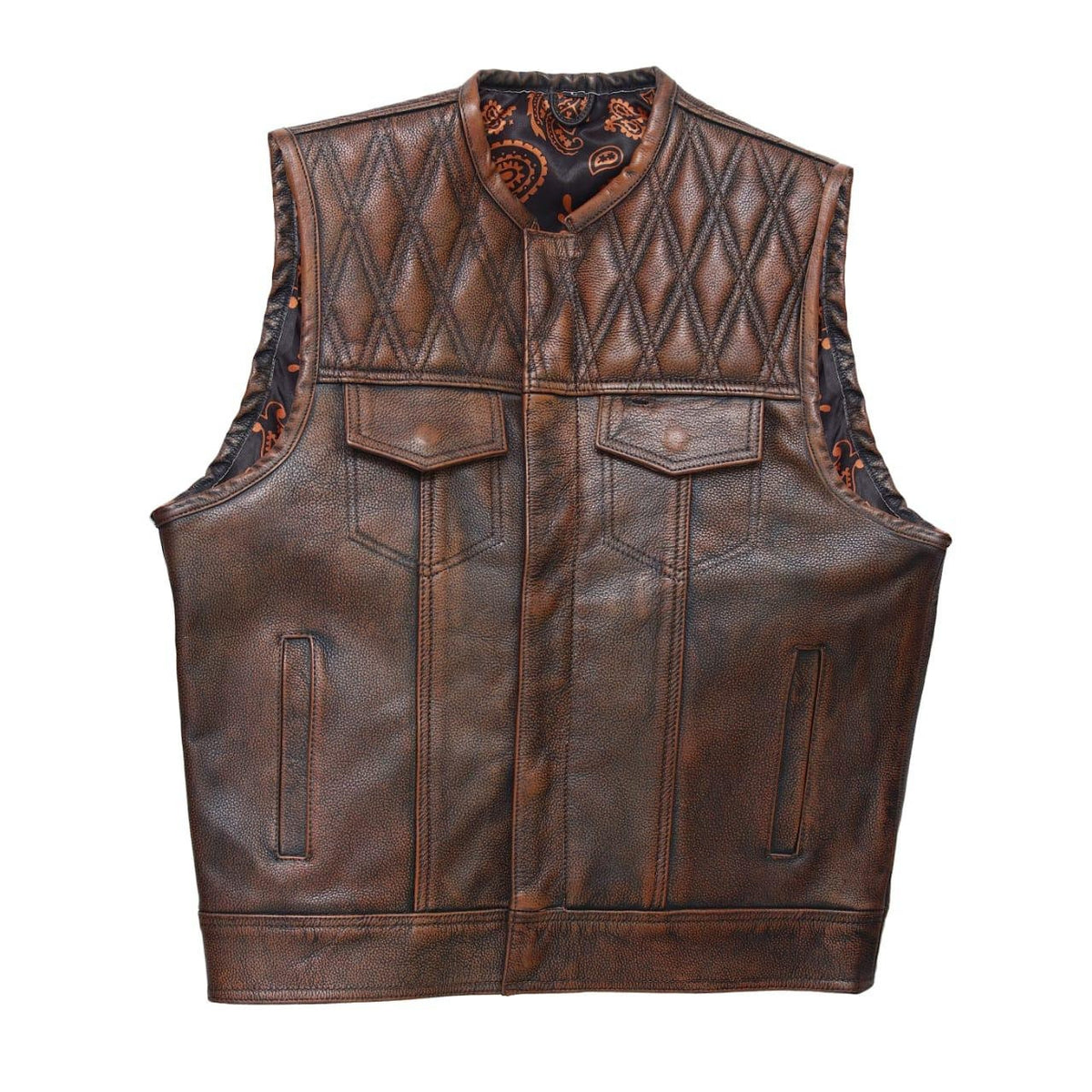 Mens leather vest with brown wax leather biker vest. Motorcycle leather vest Brown Quilted biker vest, Vintage leather premium class - LEATHER CHAPTER