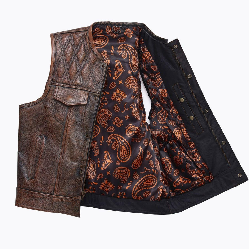 Mens leather vest with brown wax leather biker vest. Motorcycle leather vest Brown Quilted biker vest, Vintage leather premium class - LEATHER CHAPTER