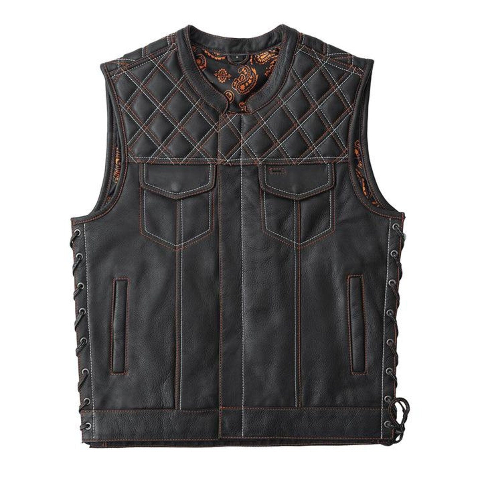 Leather Diamond Quilted Jack Builder Hunt Club Contrast Stitched Biker Vest - LEATHER CHAPTER