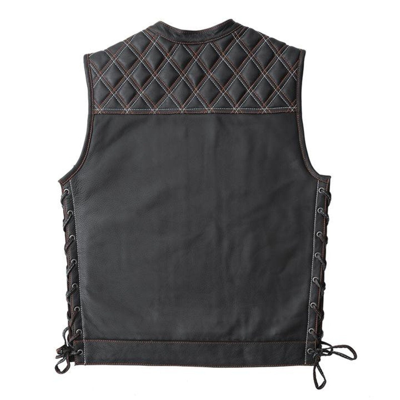 Leather Diamond Quilted Jack Builder Hunt Club Contrast Stitched Biker Vest - LEATHER CHAPTER