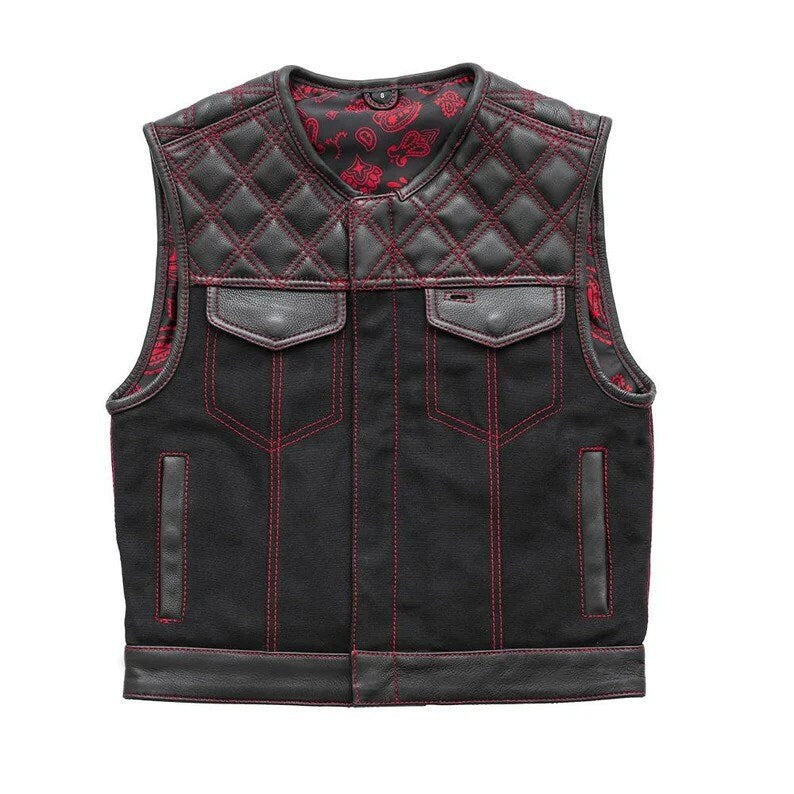 Men's Stinger Biker Vest Or Hunt Club Leather Builder Diamond Quilted Motorcycle Vest Black & Red - LEATHER CHAPTER