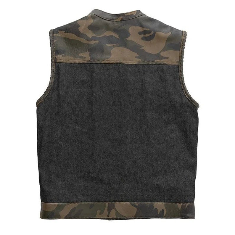 Son Of Anarchy Denim Camo Leather Motorcycle Biker Vest, Men's Leather Vest, Leather Vest, Denim Vest - LEATHER CHAPTER
