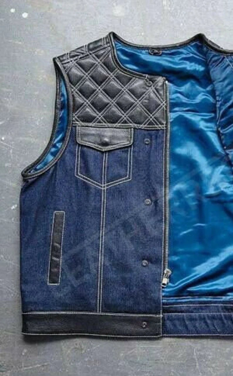 Men's Gothic Leather Denim Builder Diamond Quilted Motorcycle Biker Vest - LEATHER CHAPTER