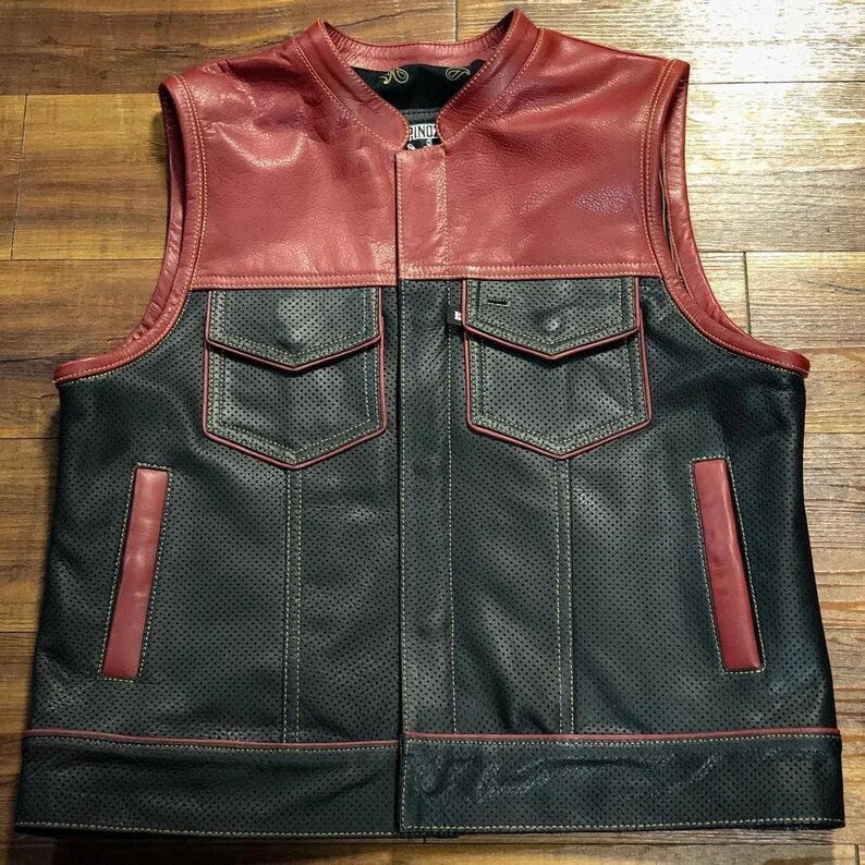 Leather Vest Mahroon Purple Leather Mens Vest Perforated Mesh Leather Biker Vest Motorcycle Vest Rider Waistcoat Motorcycle - LEATHER CHAPTER