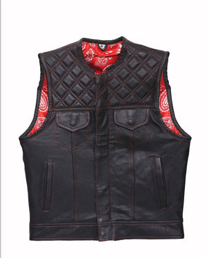F1 Red Bandana, Hunt Club Leather Builder Diamond Quilted Custom Biker Vest, Motorcycle Leather Vest - LEATHER CHAPTER