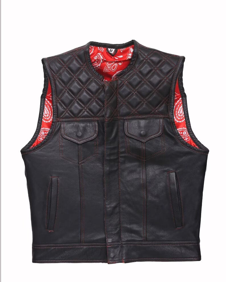 F1 Red Bandana, Hunt Club Leather Builder Diamond Quilted Custom Biker Vest, Motorcycle Leather Vest - LEATHER CHAPTER