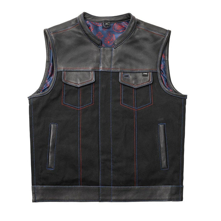 Denim Vest Red Blue Paisley Biker Vest, Hunt Club Leather Builder Diamond Quilted Custom Biker Vest, leather Vest - LEATHER CHAPTER
