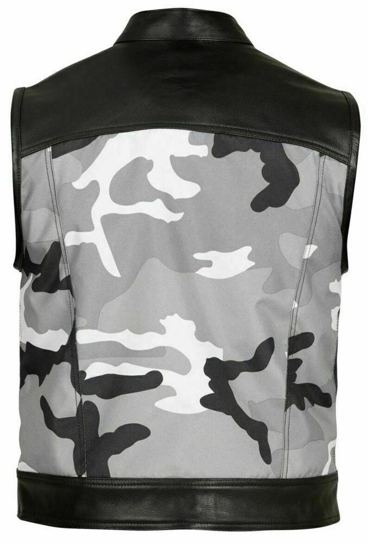 Mick Citycamo - Black / white / gray camo and leather club biker vest, Men's Vest, Leather Vest, Motorcycle Leather Vest - LEATHER CHAPTER