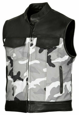 Mick Citycamo - Black / white / gray camo and leather club biker vest, Men's Vest, Leather Vest, Motorcycle Leather Vest - LEATHER CHAPTER