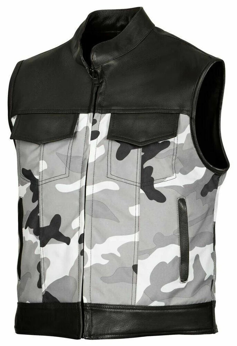 Mick Citycamo - Black / white / gray camo and leather club biker vest, Men's Vest, Leather Vest, Motorcycle Leather Vest - LEATHER CHAPTER