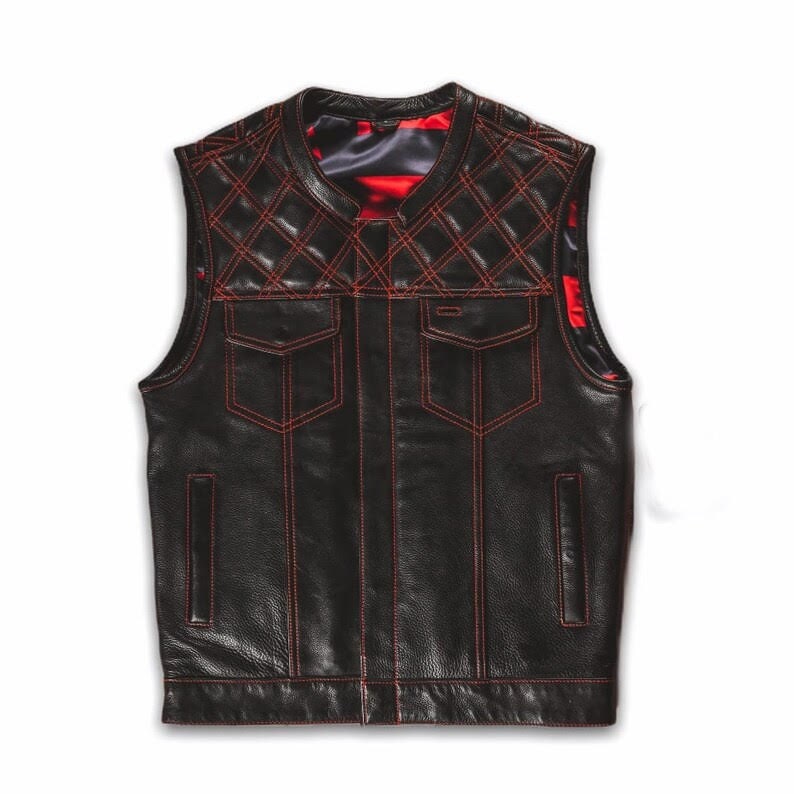 Leather Vest ,Mens Hunt Club Diamond Quilted Red USA Flag Leather Build Denim Style Rider Motorcycle Leather Vest,Mens Vest - LEATHER CHAPTER