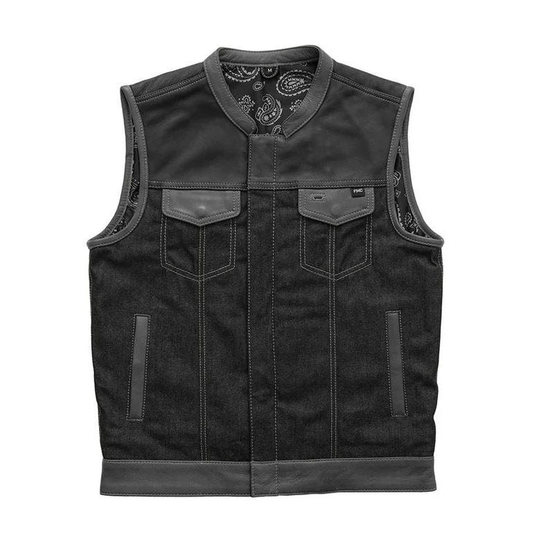 Leather Vest ,Mens Hunt Club Black Red Paisley Leather Build Denim Style Ride Motorcycle Vest - LEATHER CHAPTER