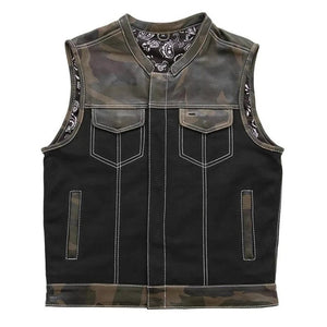 Denim Vest Black Paisley Biker Vest, Hunt Club Leather Builder Camo Style Custom Biker Vest, leather Vest - LEATHER CHAPTER