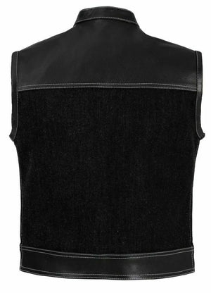 Club Style - Leather and Denim zipper white Stitching Motorcycle Biker Vest, Leather Vest, DenimbVest - LEATHER CHAPTER