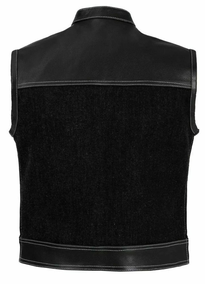 Club Style - Leather and Denim zipper white Stitching Motorcycle Biker Vest, Leather Vest, DenimbVest - LEATHER CHAPTER
