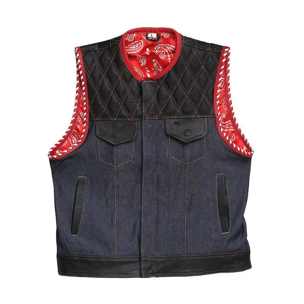 Leather vest,Diamond Quilted Perforated Leather Style Denim & Leather Motorcycle Vest Braided Men's Leather Vest Biker Rider Club - LEATHER CHAPTER