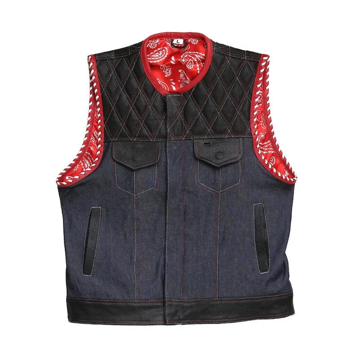 Leather vest,Diamond Quilted Perforated Leather Style Denim & Leather Motorcycle Vest Braided Men's Leather Vest Biker Rider Club - LEATHER CHAPTER