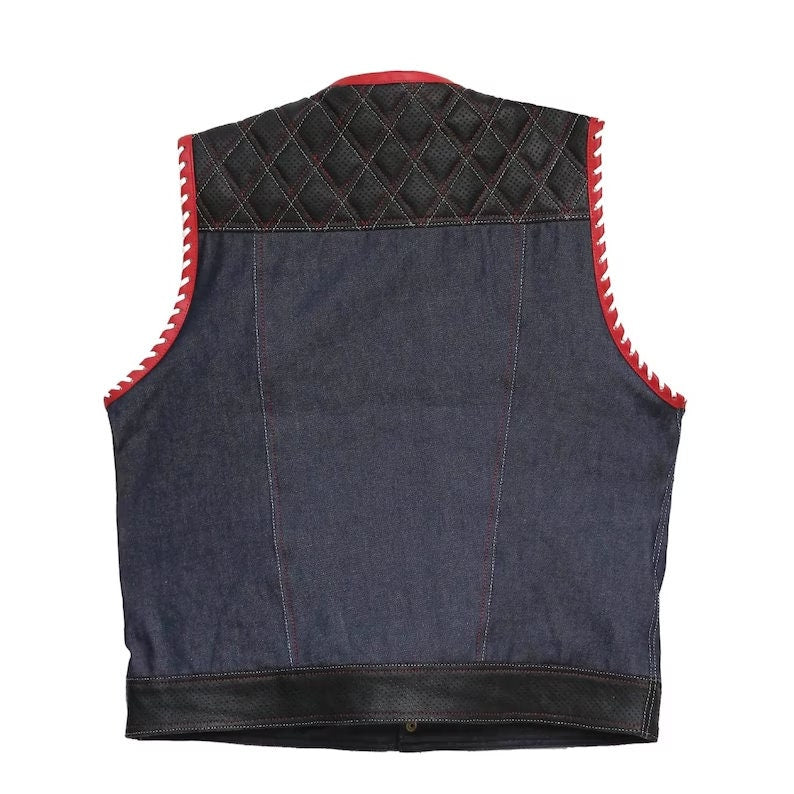 Leather vest,Diamond Quilted Perforated Leather Style Denim & Leather Motorcycle Vest Braided Men's Leather Vest Biker Rider Club - LEATHER CHAPTER